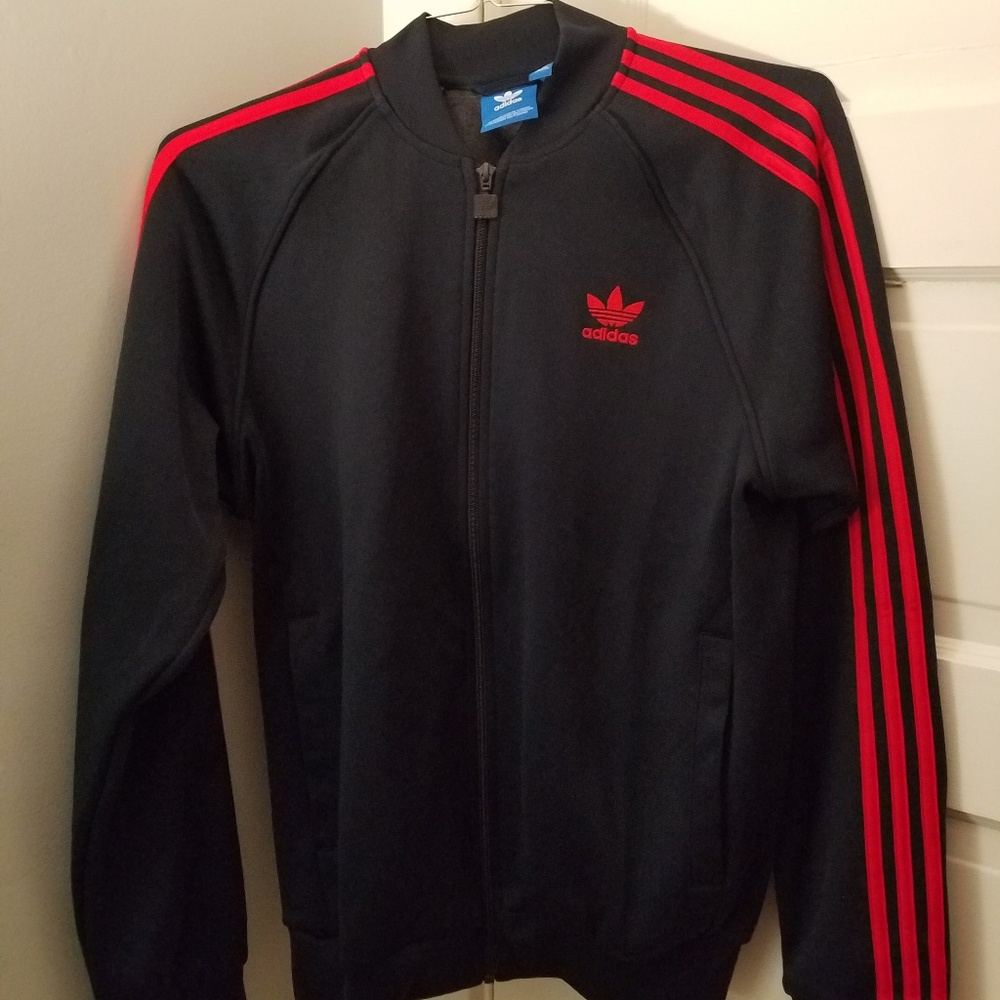 Dark Blue Adidas Track Jacket With Red Stripes